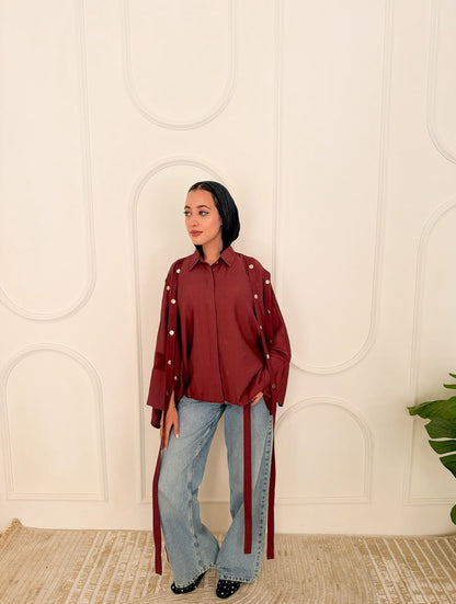 Fringed oversized shirt burgandy