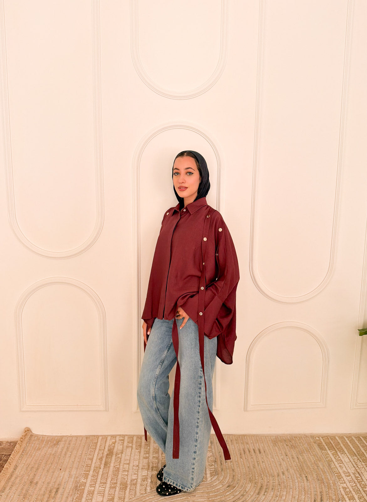 Fringed oversized shirt burgandy