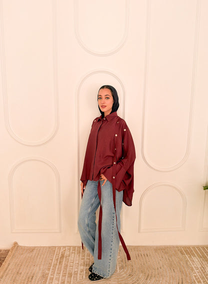 Fringed oversized shirt burgandy