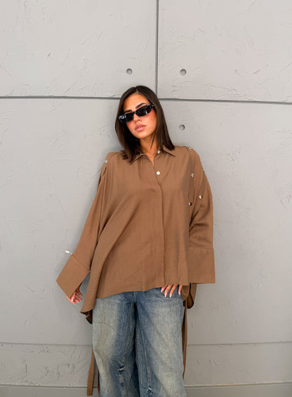 Fringed oversized shirt brown