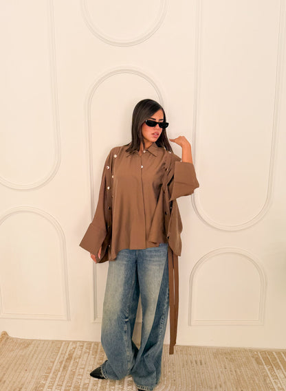 Fringed oversized shirt brown