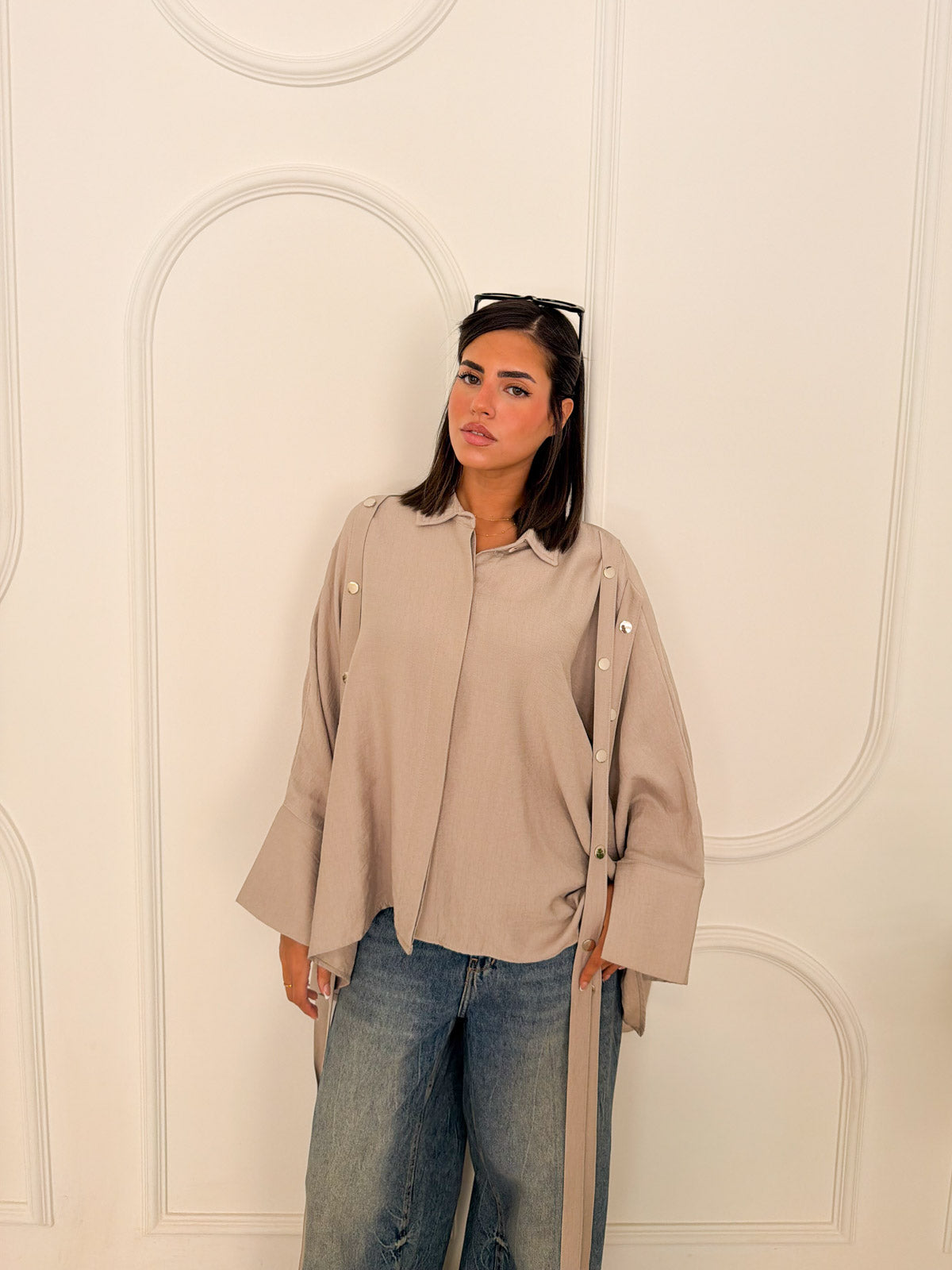 Fringed oversized shirt beige