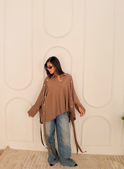 Fringed oversized shirt brown